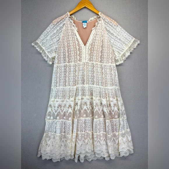 Sundance Dresses & Skirts - Sundance Dress Women L Ivory Lace Short Sleeve Boho Sheer Lined V Neck Cottage